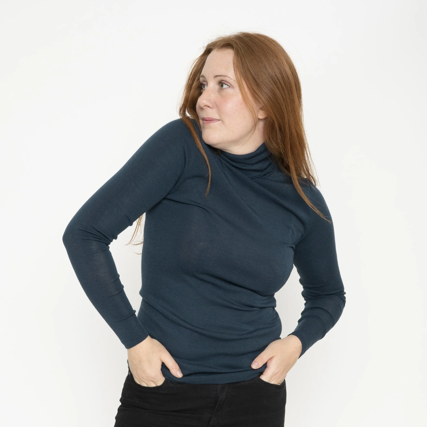 Womens Merino Turtleneck Top - Navy Teal 5 Womens Merino Turtleneck Top - Navy Teal - Image 5